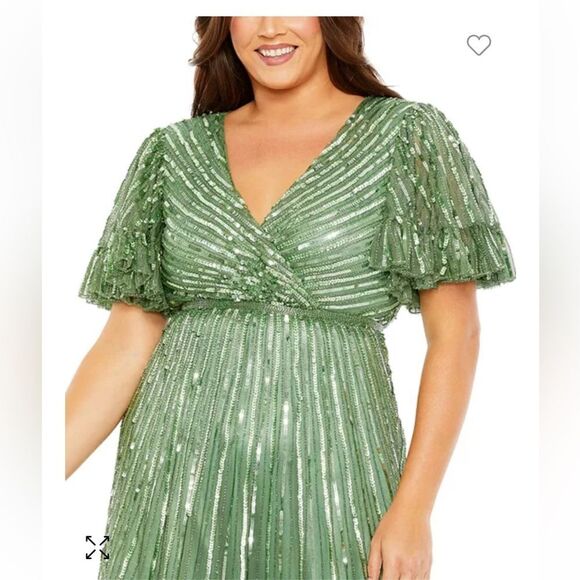 Mac Duggal Beaded Faux Wrap Flutter Sleeve Ruffle Dress NWT - Picture 4 of 9